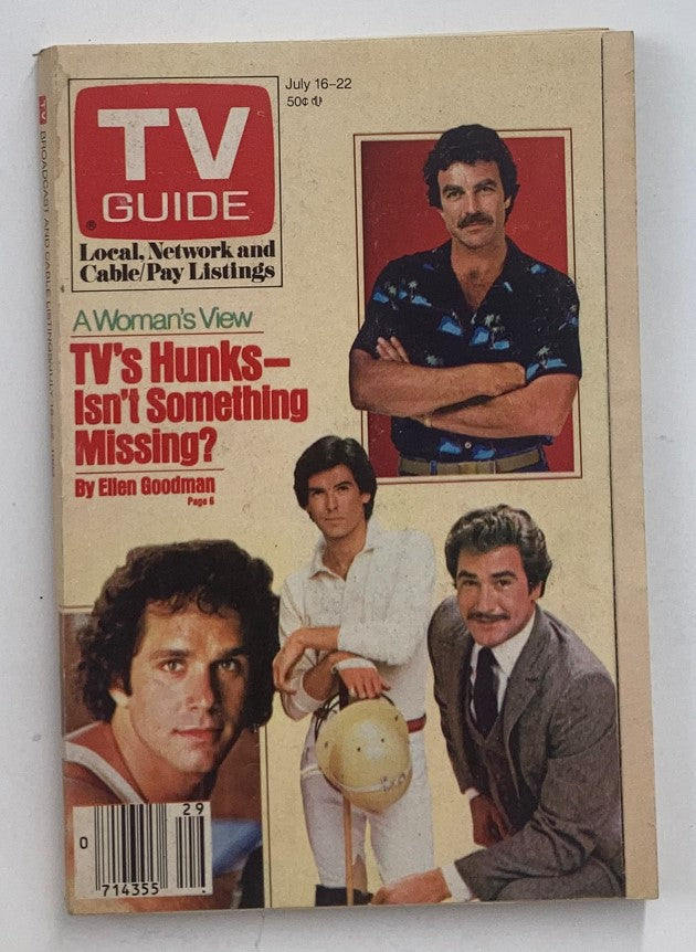 TV Guide Magazine from July 16, 1983, featuring cover stories on Pierce Brosnan and Gregory Harrison, highlighting television culture of the early '80s.