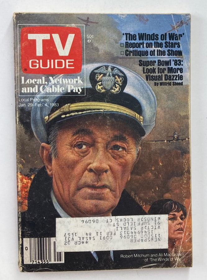 Cover of TV Guide Magazine dated January 29, 1983, featuring Robert Mitchum, highlighting classic TV culture with articles and ads from the early '80s.