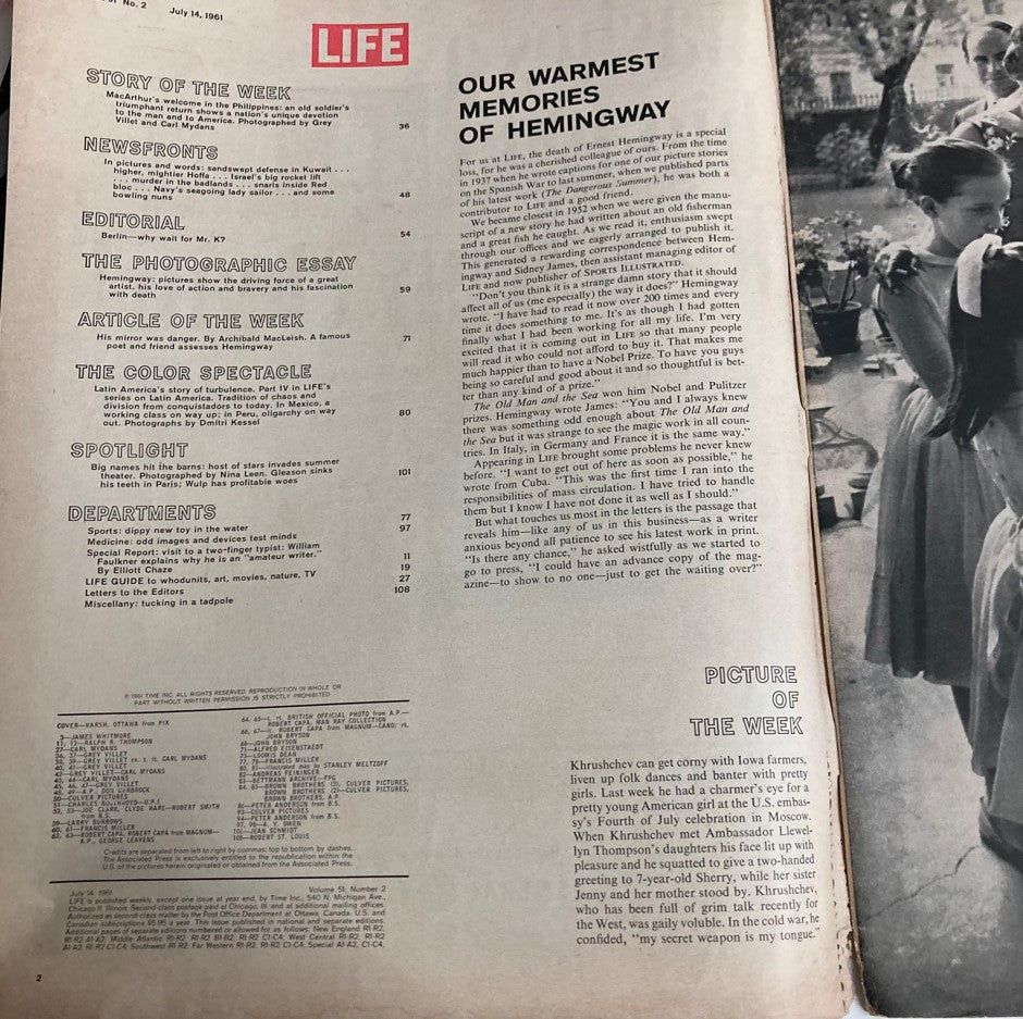 RES* VTG Life Magazine July 14 1961 The Death of Ernest Hemingway