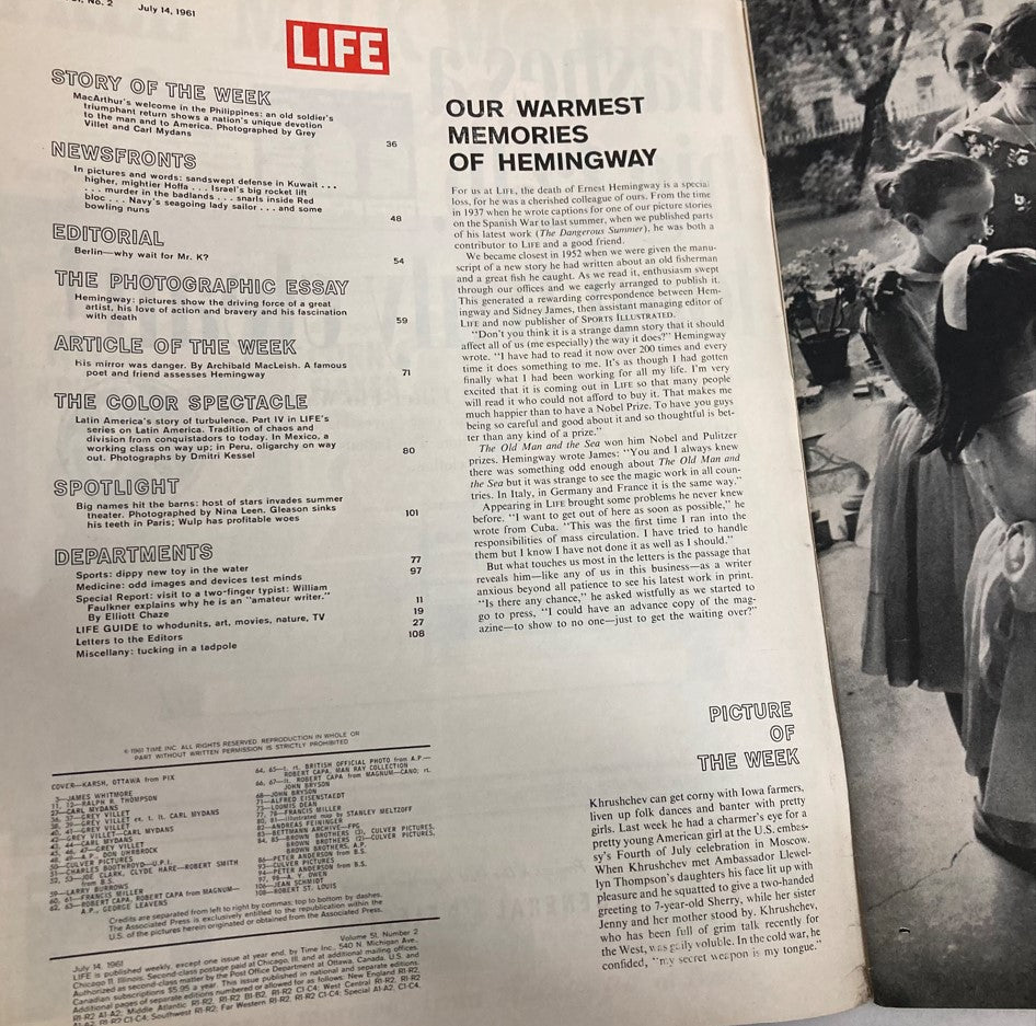 RES* VTG Life Magazine July 14 1961 Ernest Hemingway The Call of Danger