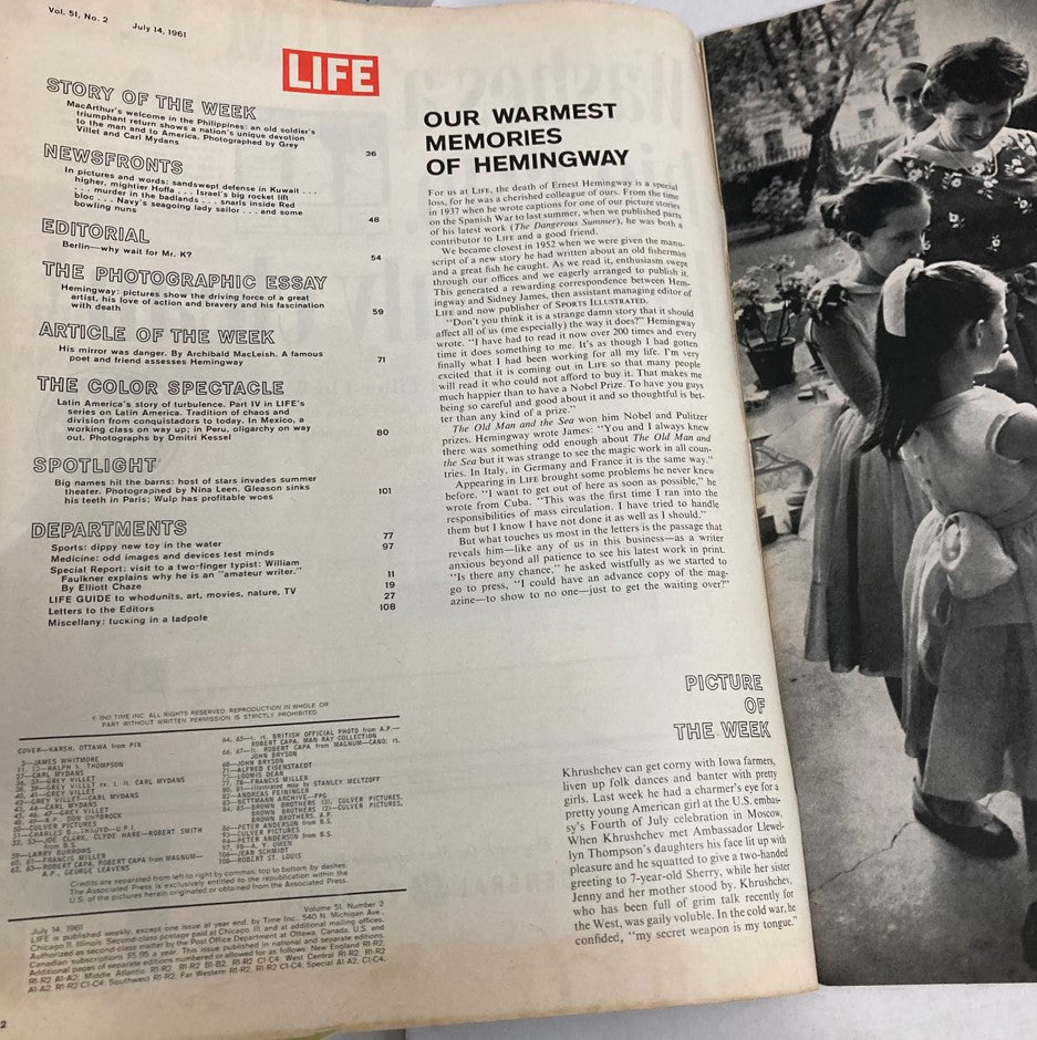 RES* VTG Life Magazine July 14 1961 Ernest Hemingway and His Memoir