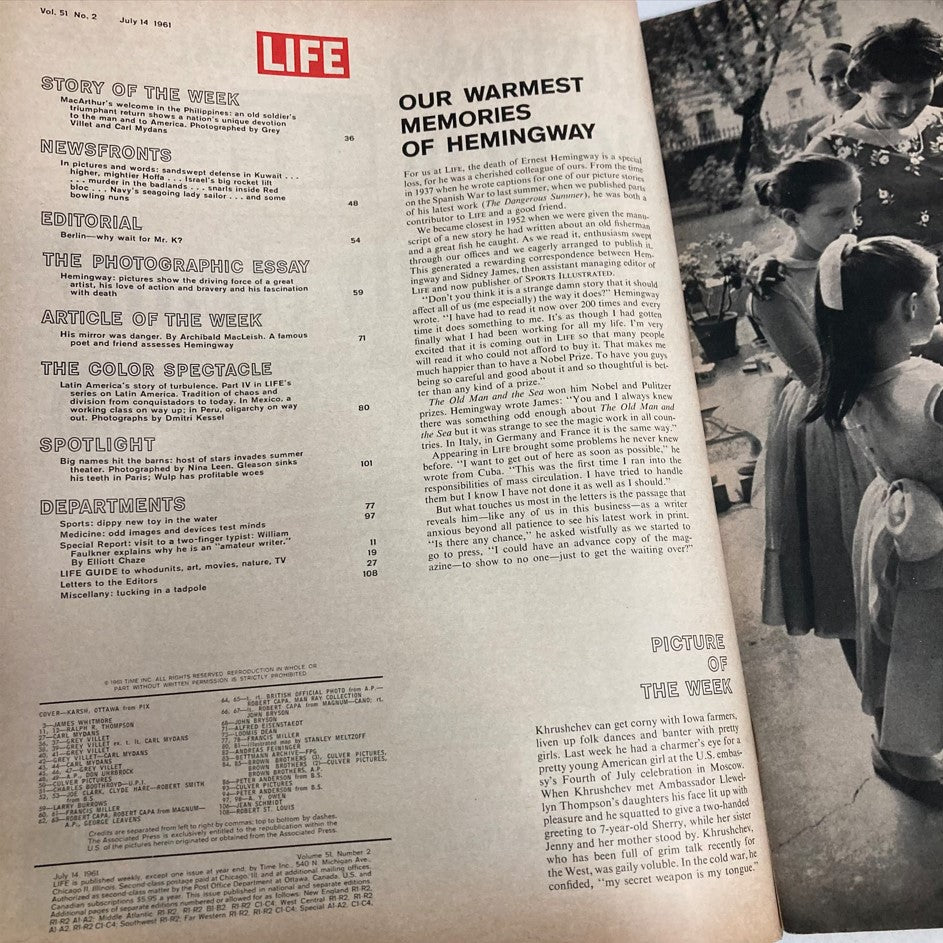 VTG Life Magazine July 14 1961 The Memoir of Ernest Hemingway