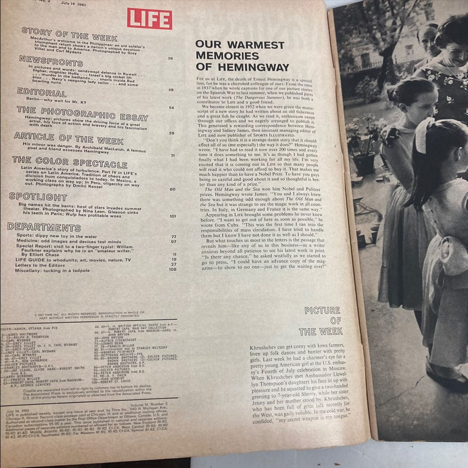 RES* VTG Life Magazine July 14 1961 Ernest Hemingway in Call of Danger