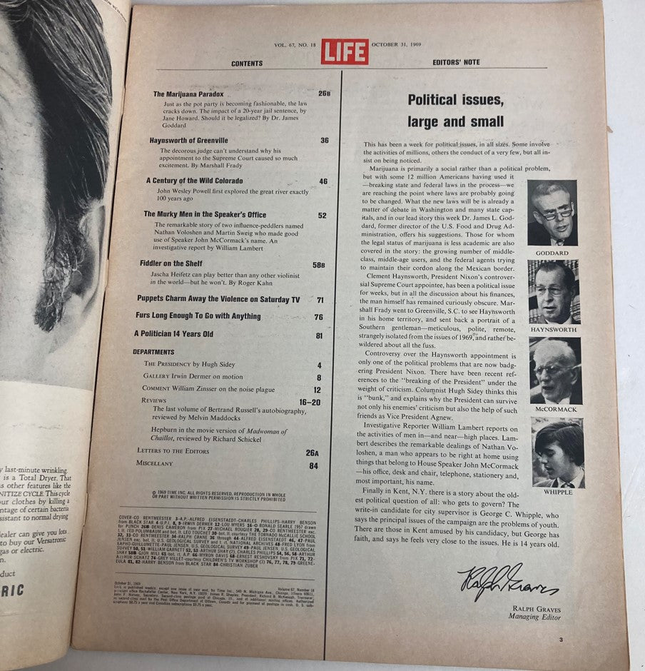 VTG Life Magazine October 31 1969 Vol 67 No. 18 Marijuana Legalization Debate