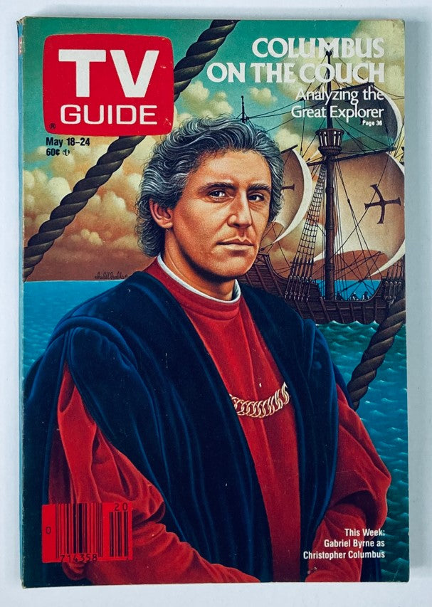 TV Guide Magazine May 18 1985 featuring a portrait of Christopher Columbus. The cover showcases the title 'Columbus On The Couch' with vibrant imagery, highlighting the historical significance of the issue. This vintage magazine reflects 1980s media culture and television's portrayal of historical narratives.