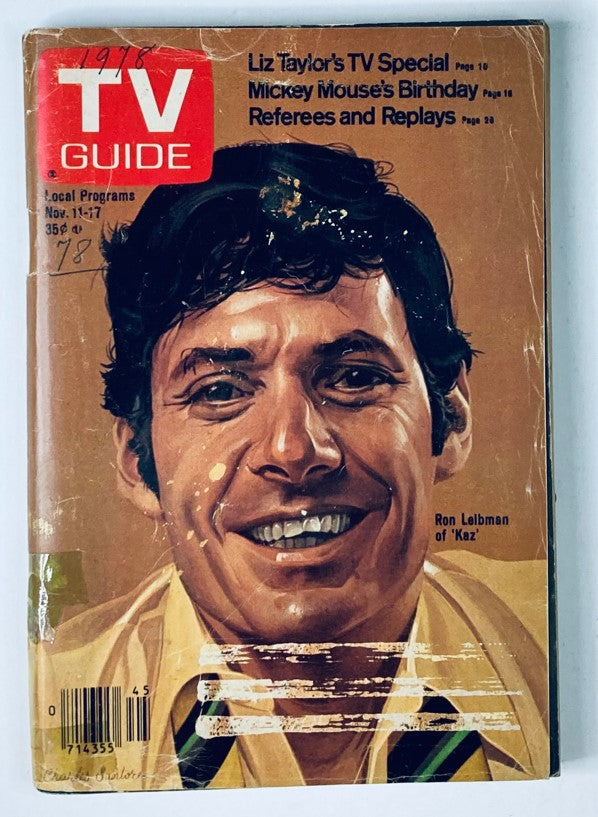 TV Guide Magazine cover from November 11, 1978, featuring Ron Leibman, known for his role in 'Kaz'. The cover showcases a vintage design with bright colors and highlights such as 'Liz Taylor's TV Special' and 'Mickey Mouse's Birthday'.