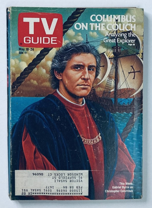 TV Guide Magazine May 18 1985 featuring Gabriel Byrne on the cover, depicting him as Christopher Columbus, alongside the headline 'Columbus on the Couch' and a background of sailing ships.