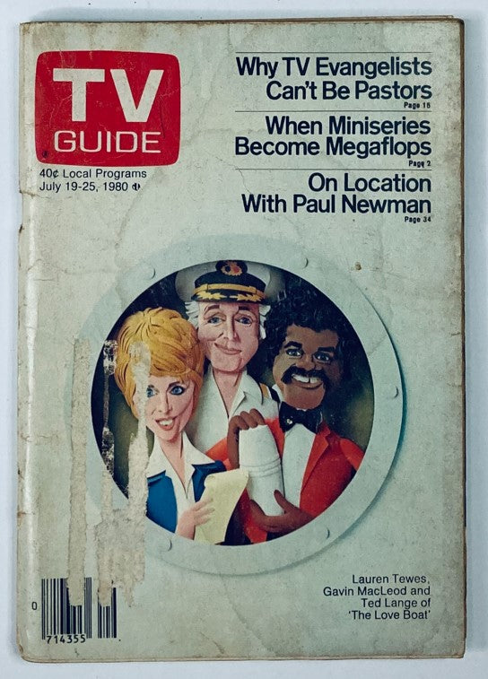TV Guide Magazine from July 19, 1980 featuring Lauren Tewes, Ted Lange, and Gavin MacLeod on the cover, showcasing popular television culture of the late 1970s.