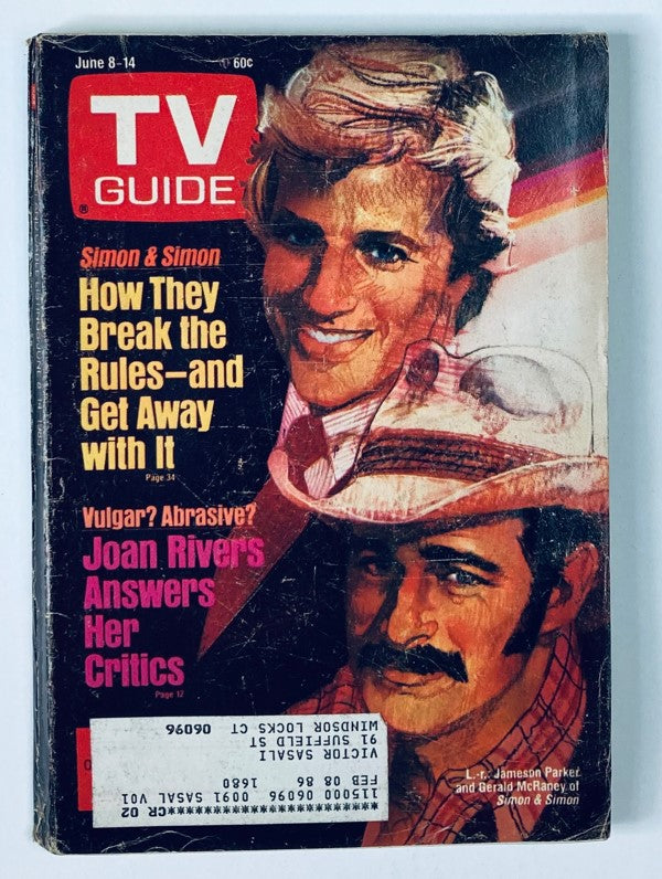 Cover of TV Guide Magazine, June 8, 1985, featuring Gerald McRaney and Parker from 'Simon & Simon'. The magazine showcases articles about classic TV programming and notable cultural references from the mid-80s.