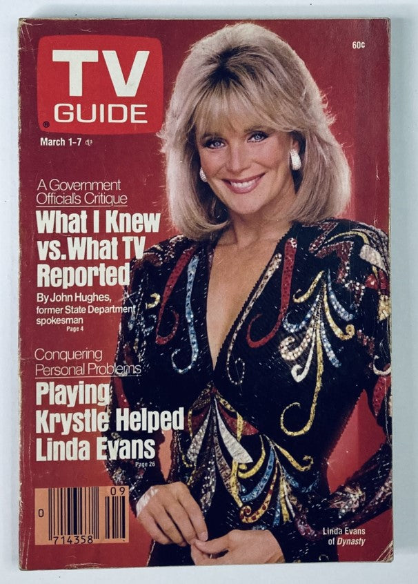 Cover of TV Guide Magazine March 1 1986 featuring Linda Evans, showcasing her in a glamorous outfit with a sparkling design, highlighting television history and the era's pop culture.