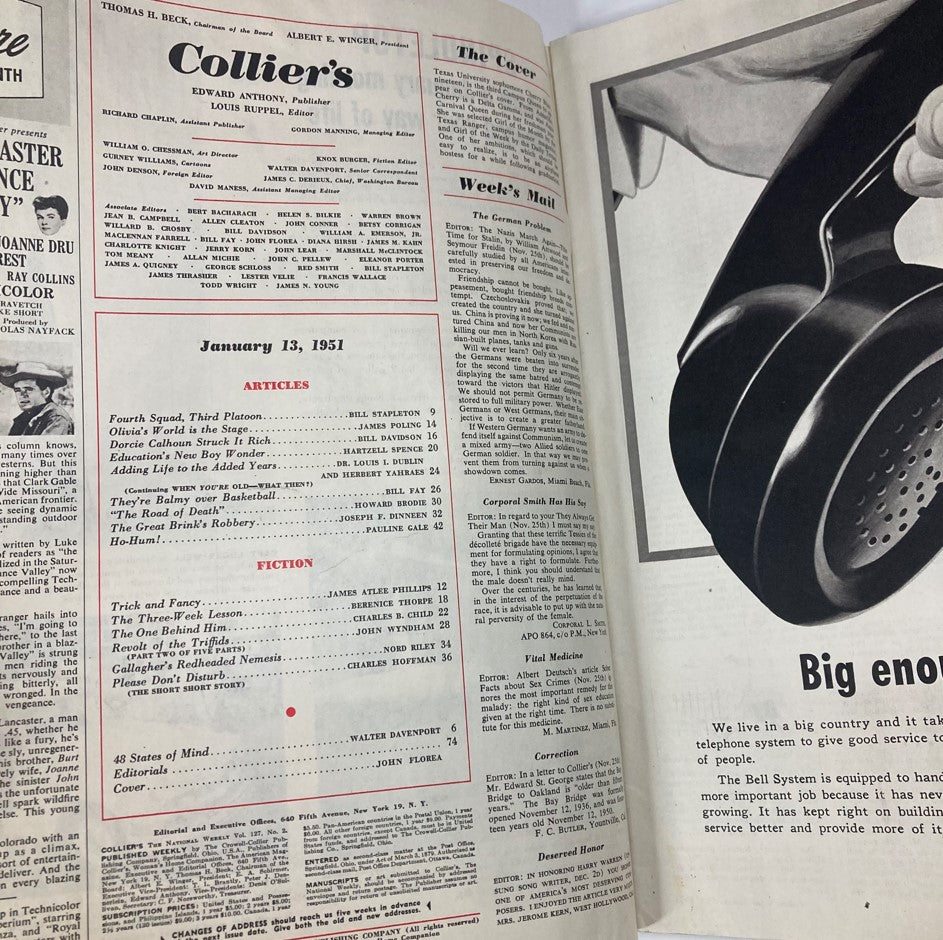 Contents page of VTG Collier's Magazine January 13, 1951, Vol 127 No. 2 showcasing articles and features including 'The Great Brink's Robbery' and related topics.