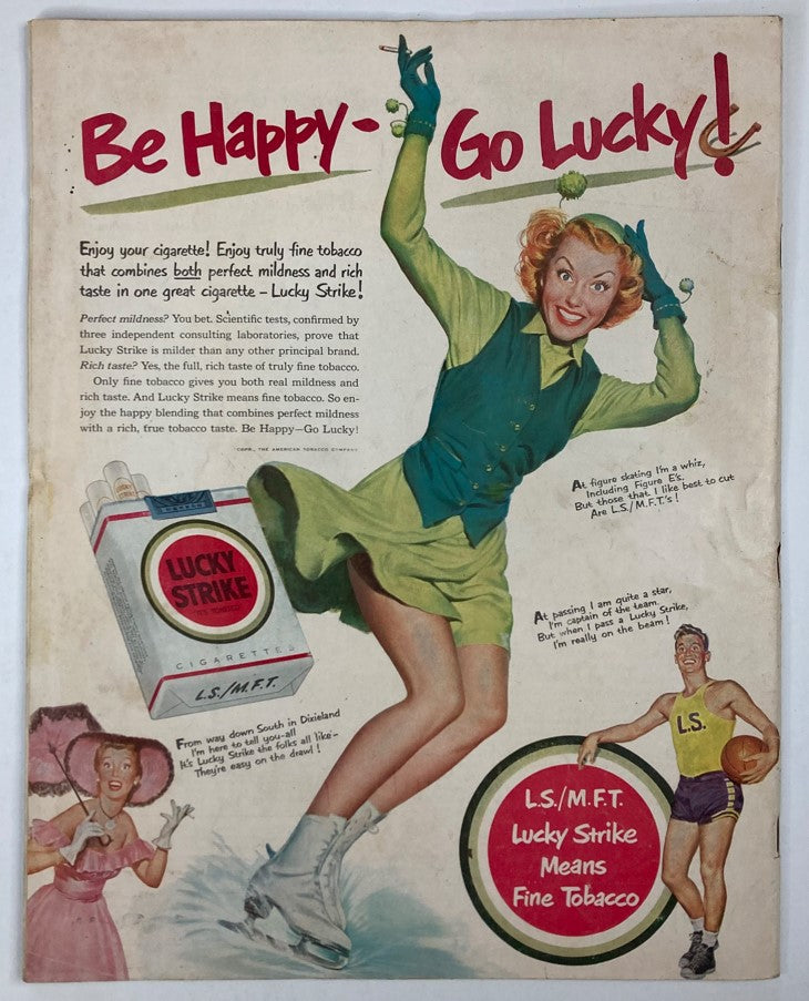 Vintage advertisement in VTG Collier's Magazine January 13, 1951, Vol 127 No. 2 promoting Lucky Strike cigarettes, featuring cheerful illustrations and catchy slogans.