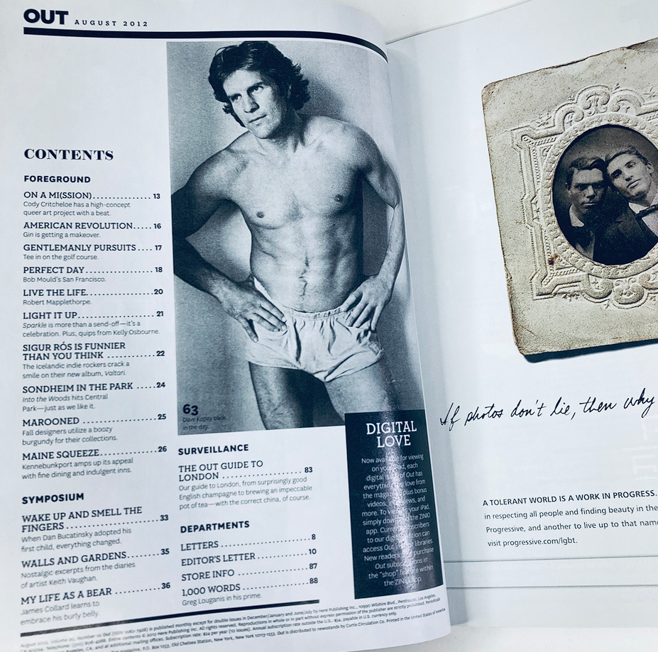 Contents page of Out Magazine August 2012 showcasing articles and features, highlighting the magazine's role in LGBTQ+ media.