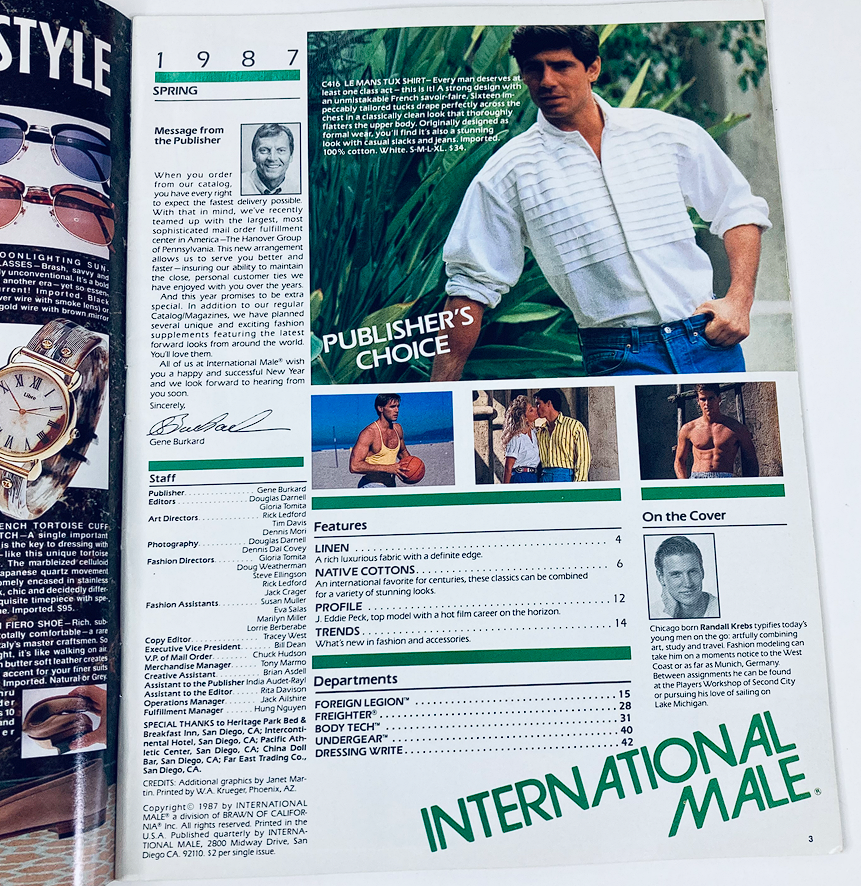 1987 Spring International Male Magazine Catalog Randall Krebs Cover