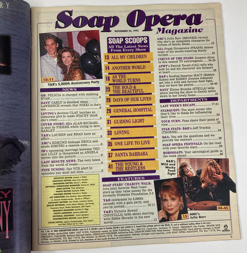 Soap Opera Magazine November 24 1992 Vol 2 #47 Alan-Michael Save Harley No Label