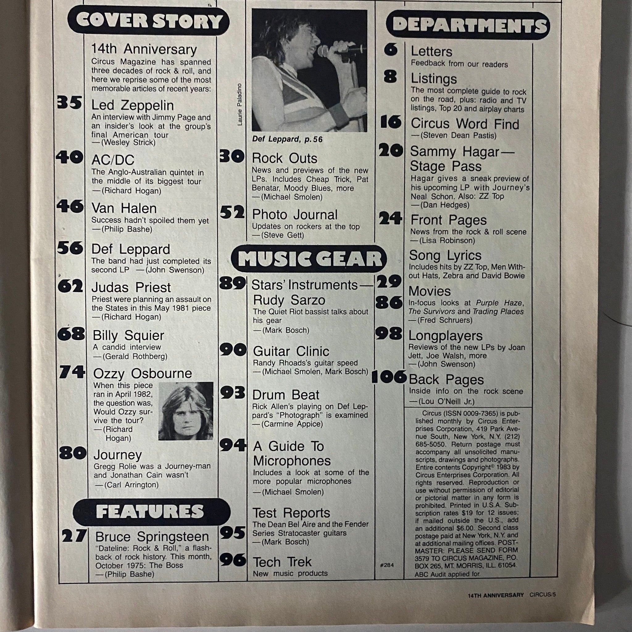 Interior page of Best of Circus Magazine October 31, 1983 showcasing the contents page, with articles on Led Zeppelin, Def Leppard, and Ozzy Osbourne; highlighting rock news and features.