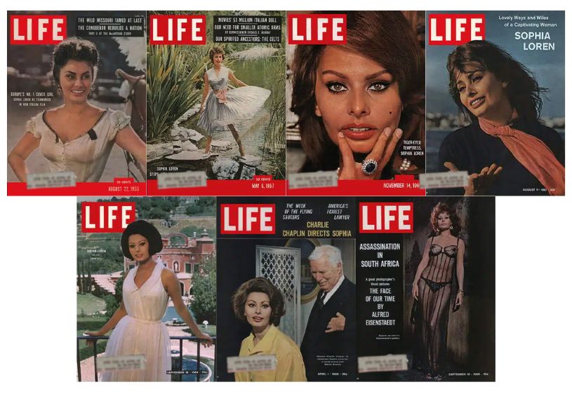 Life Magazine Lot of 7 Sophia Loren Cover 1955, 1957, 1960, 1961, 1964, 1966