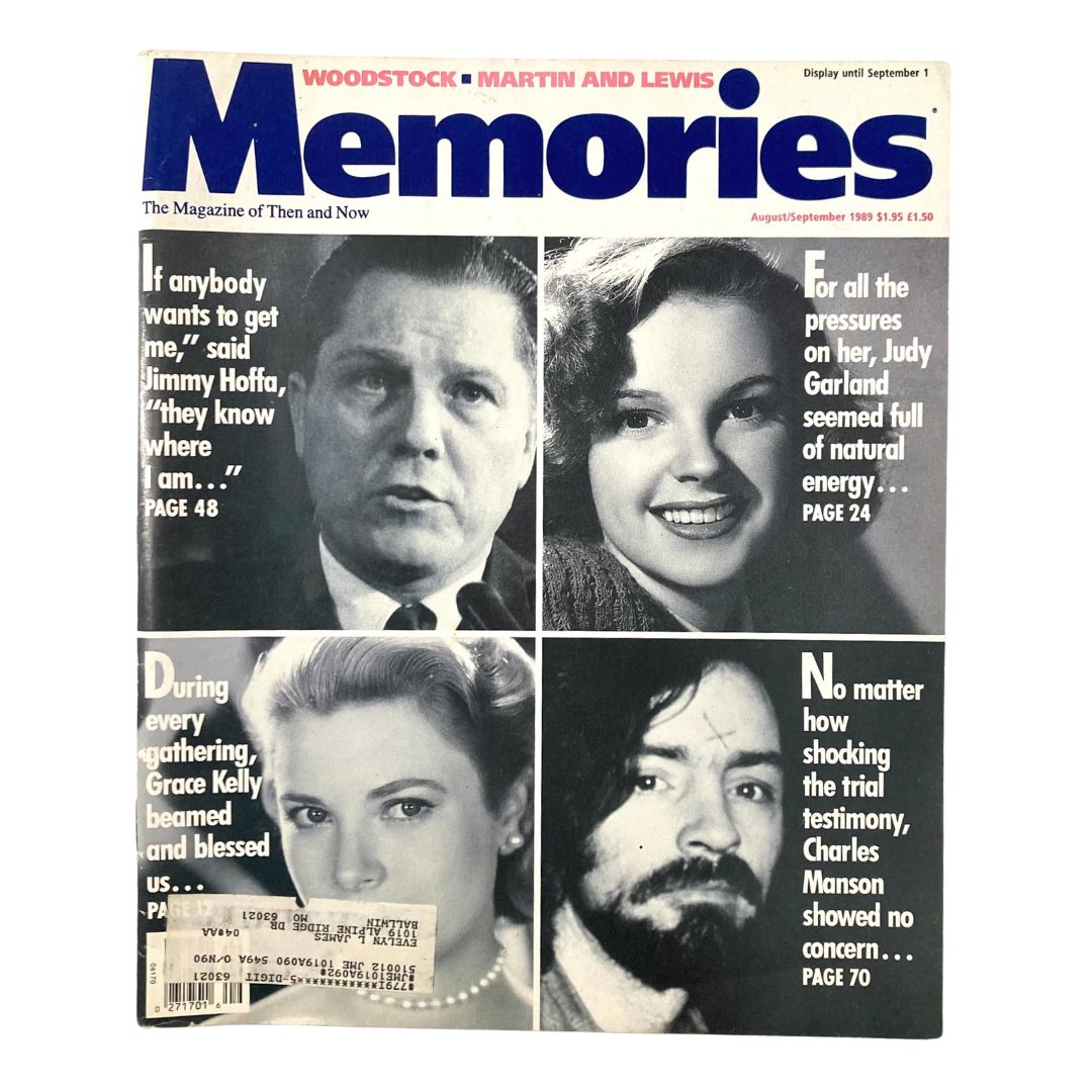 Cover of VTG Memories Magazine of Then and Now, August 1989, featuring notable figures Jimmy Hoffa, Judy Garland, Grace Kelly, and Charles Manson, highlighting cultural history and articles within.
