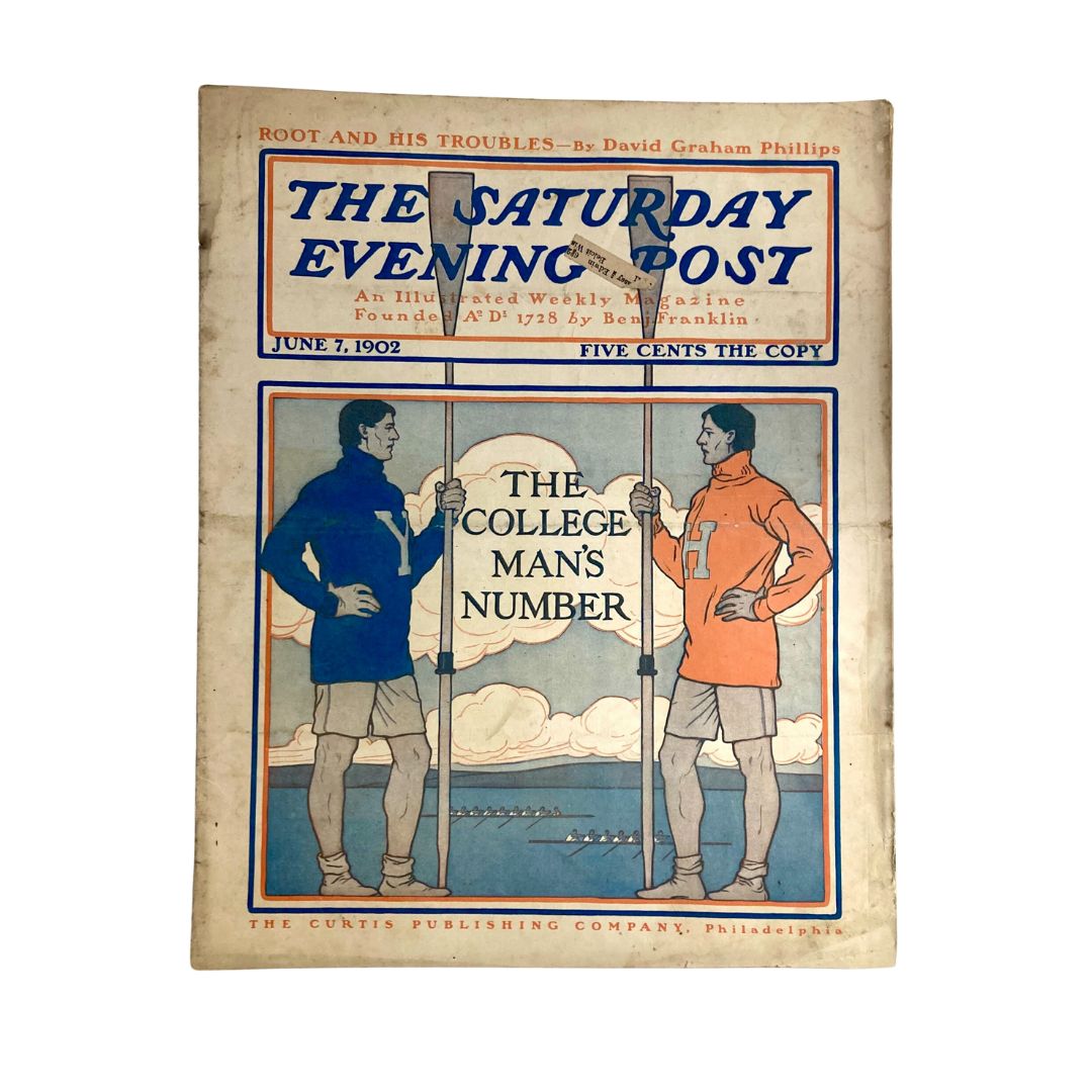 Cover page of the Saturday Evening Post Magazine June 7, 1902, featuring an illustration titled 'The College Man's Number', showcasing two men dressed in college attire.