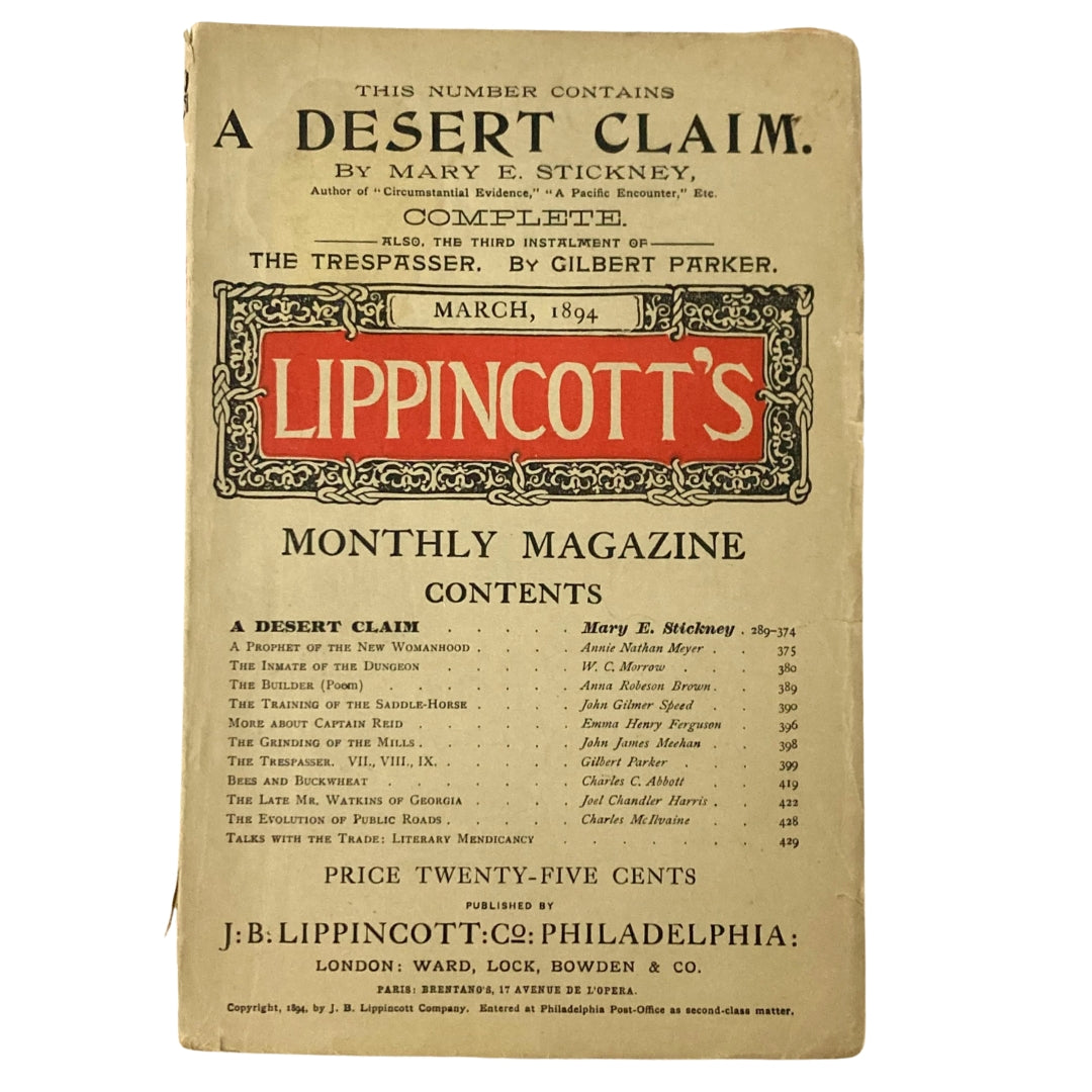 Lippincott's Magazine March 1894 A Desert Claim by Mary E. Stickney No Label