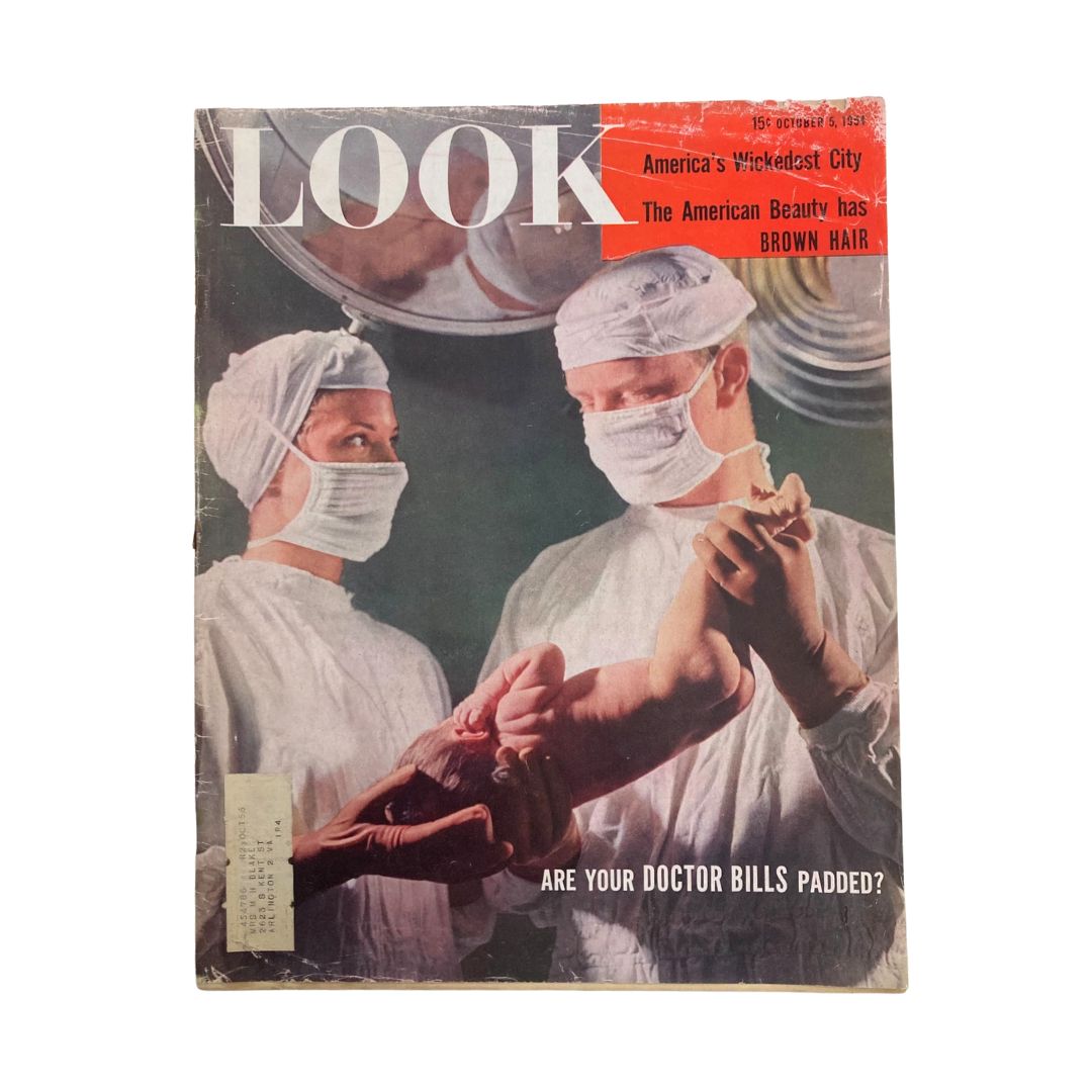 Cover of VTG Look Magazine from October 5, 1954, featuring the headline 'Are Your Doctor Bills Padded?' with a dramatic medical scene including two masked professionals.