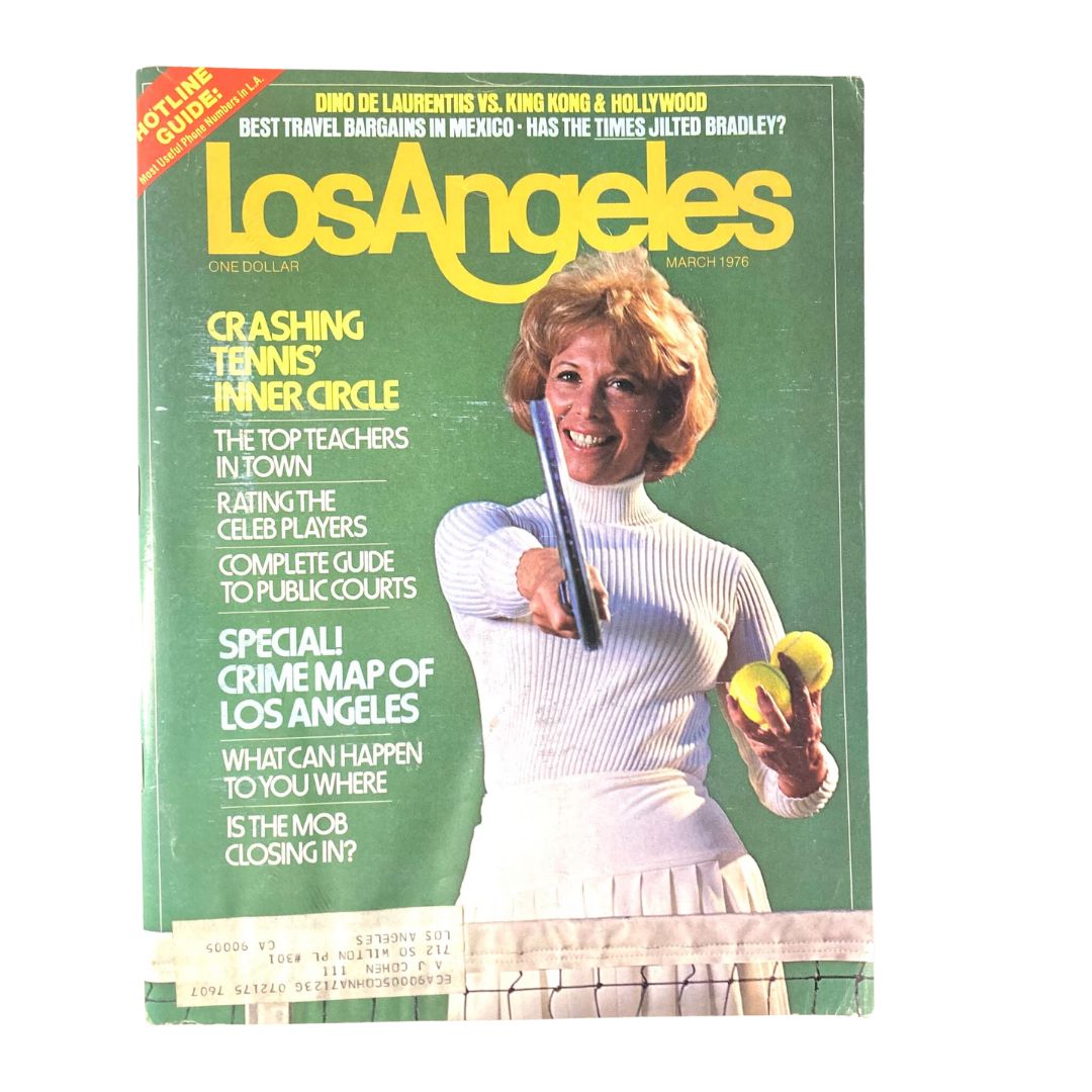 Cover of the March 1976 issue of Los Angeles Magazine featuring Dinah Shore, showcasing headlines about tennis and celebrity culture.