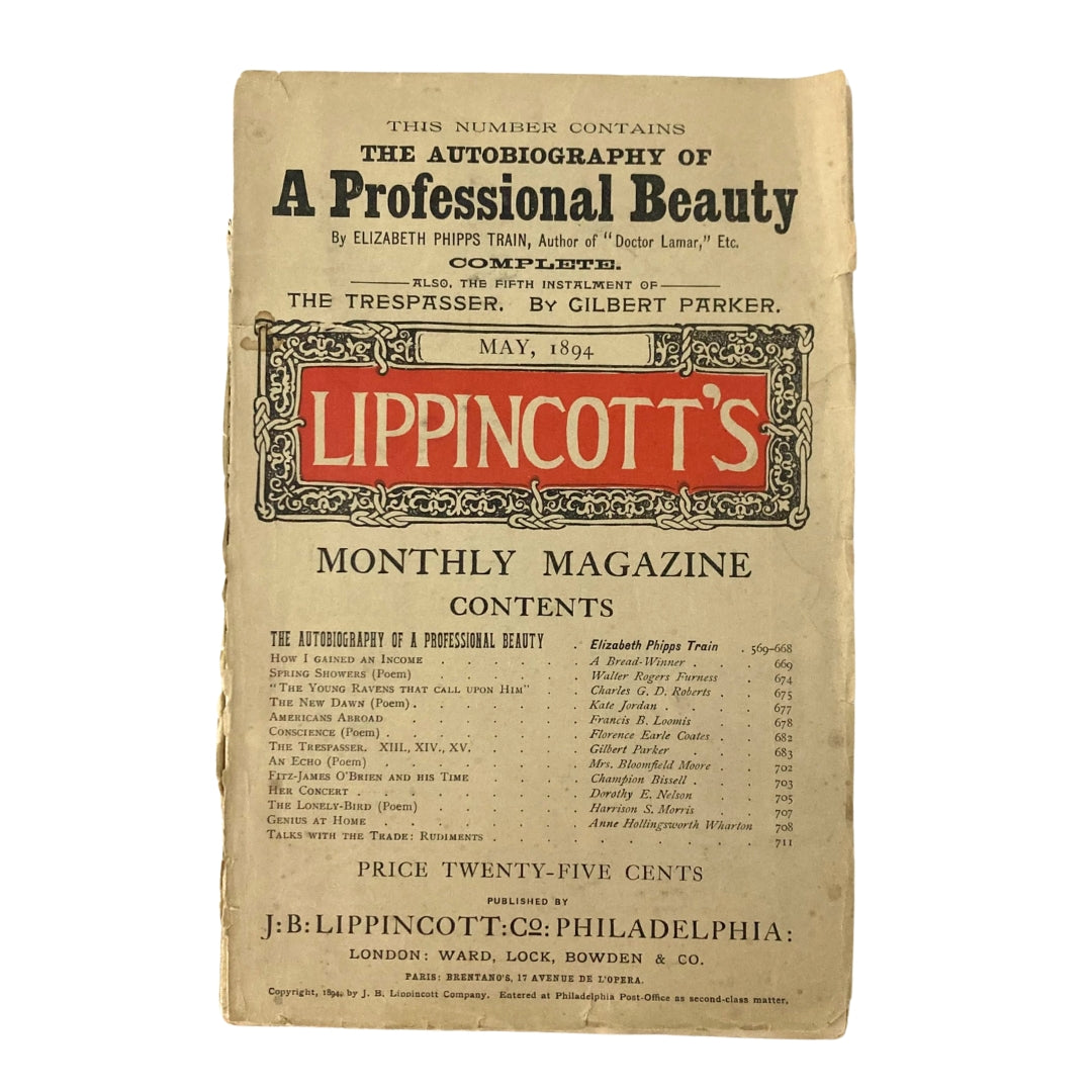 Cover of Lippincott's Magazine, May 1894, featuring 'Autobiography of a Professional Beauty'