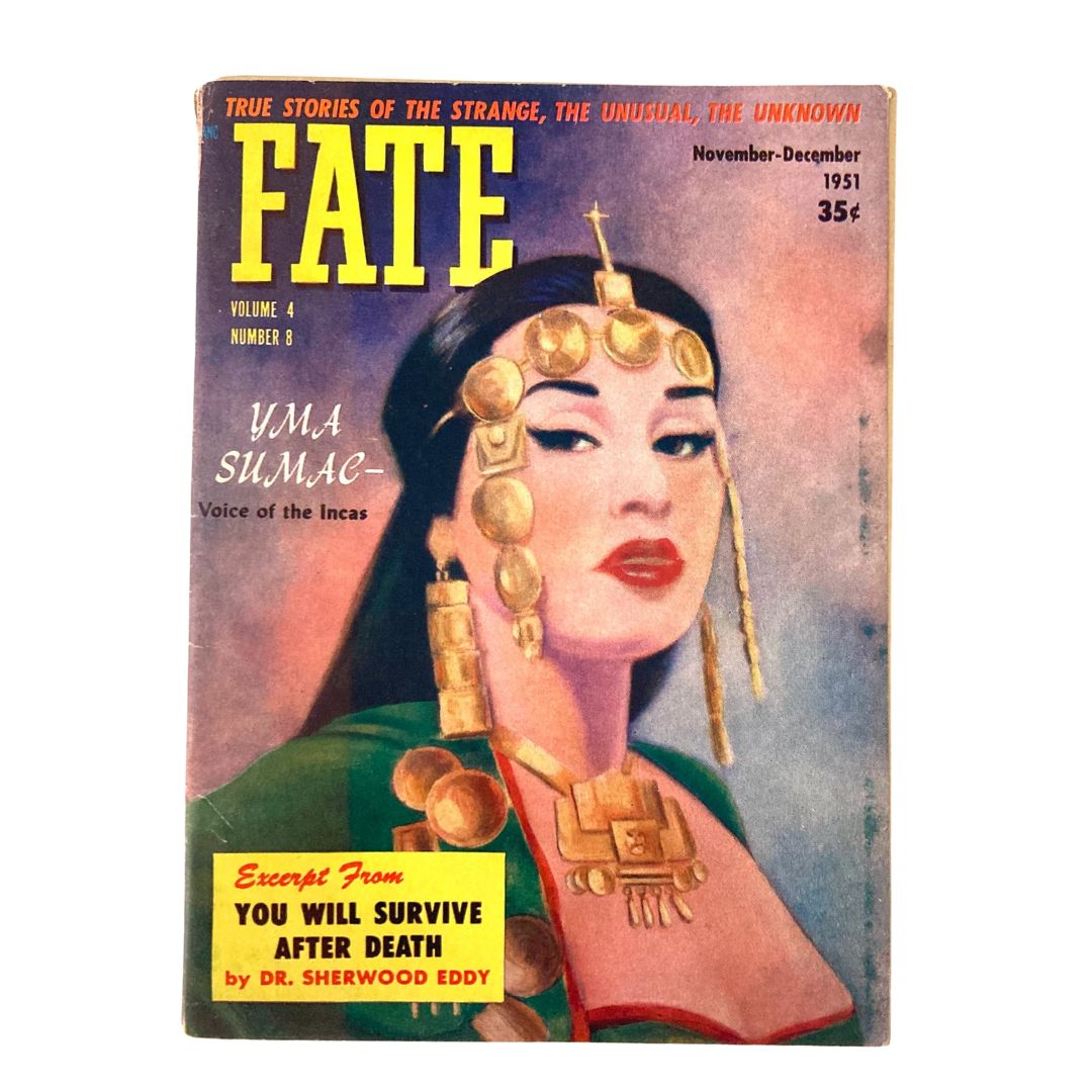 Cover of VTG Fate Magazine November 1951 No. 24 featuring Yma Sumac, known as the Voice of the Incas, with colorful artwork and magazine details.